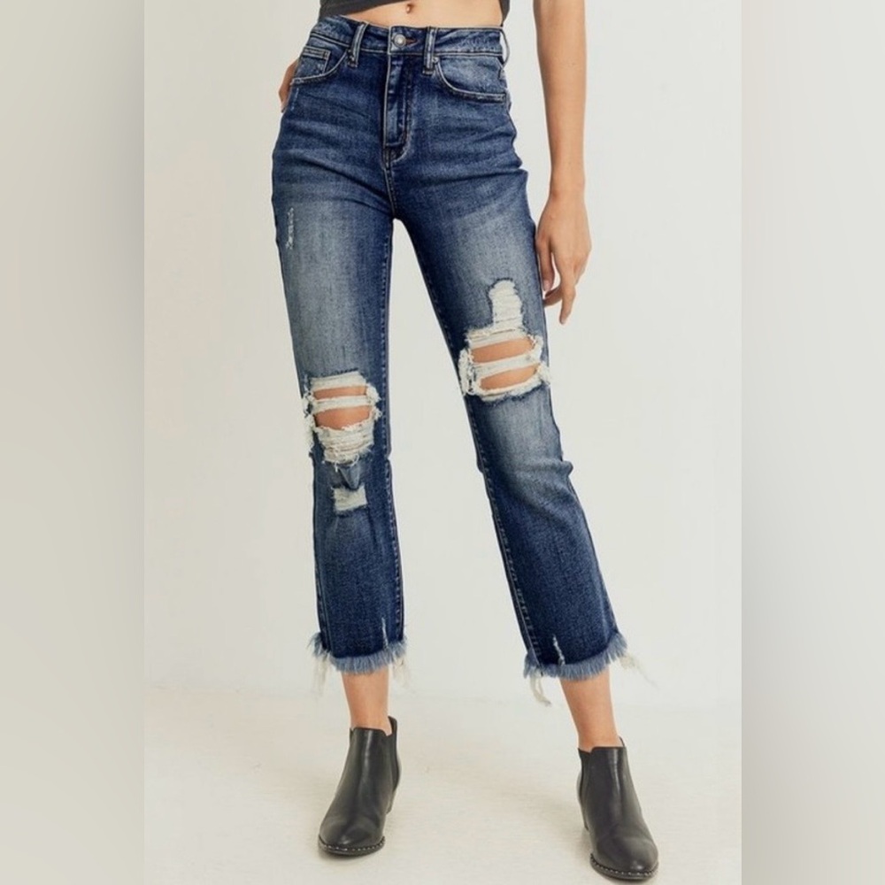 Risen Distressed High Rise Flare Straight Raw Hem Medium Wash RDP1096 Jeans 27 5